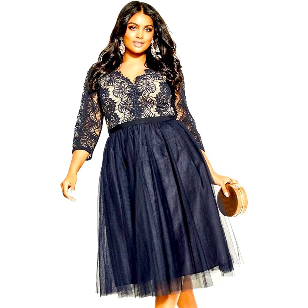 City Chic Beauty Elbow Sleeve Navy Blue Dress
